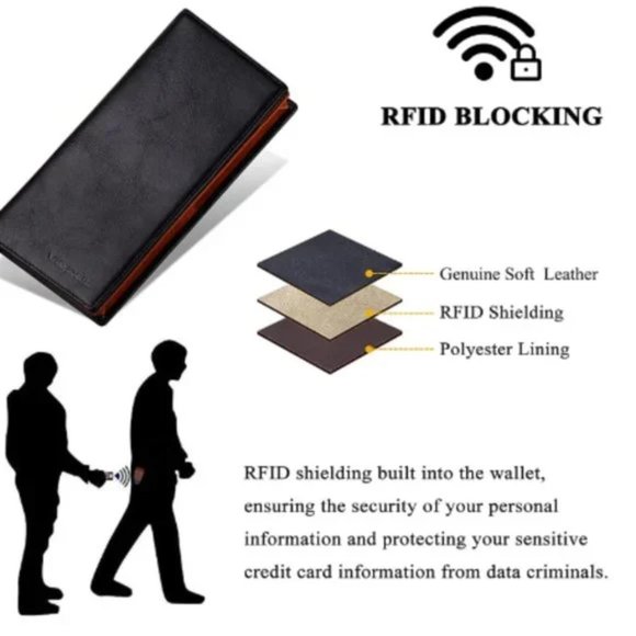 Men's Leather Long Bifold Checkbook Wallets with RFID Blocking - Picture 5 of 6